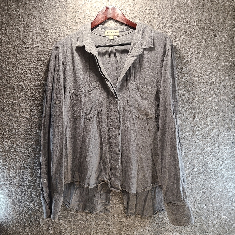 Cloth & Stone Womens Long Sleeve Button-Up Shirt Gray Hi- Low Large Rayon
